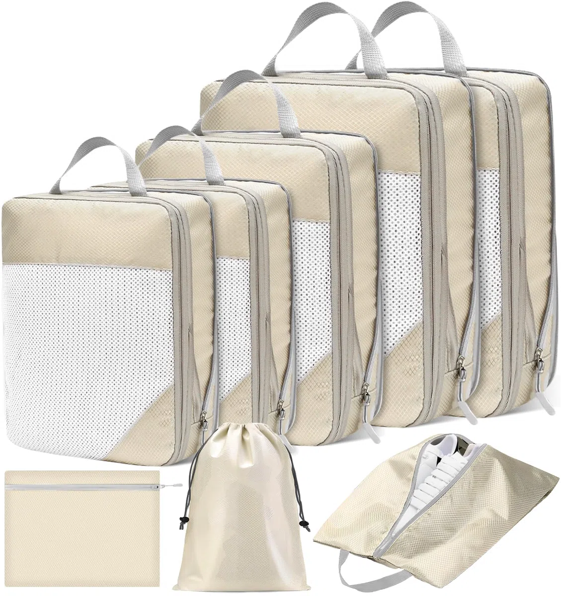8 Teilige Compression Packing Cubes Set,Kleidertaschen,Schuhtaschen,Koffer Organizer Set,Organizer Packing Cubes Compression,für Koffer,Backpack,Reise organizers,Ordnungssystem für Koffers-Beige