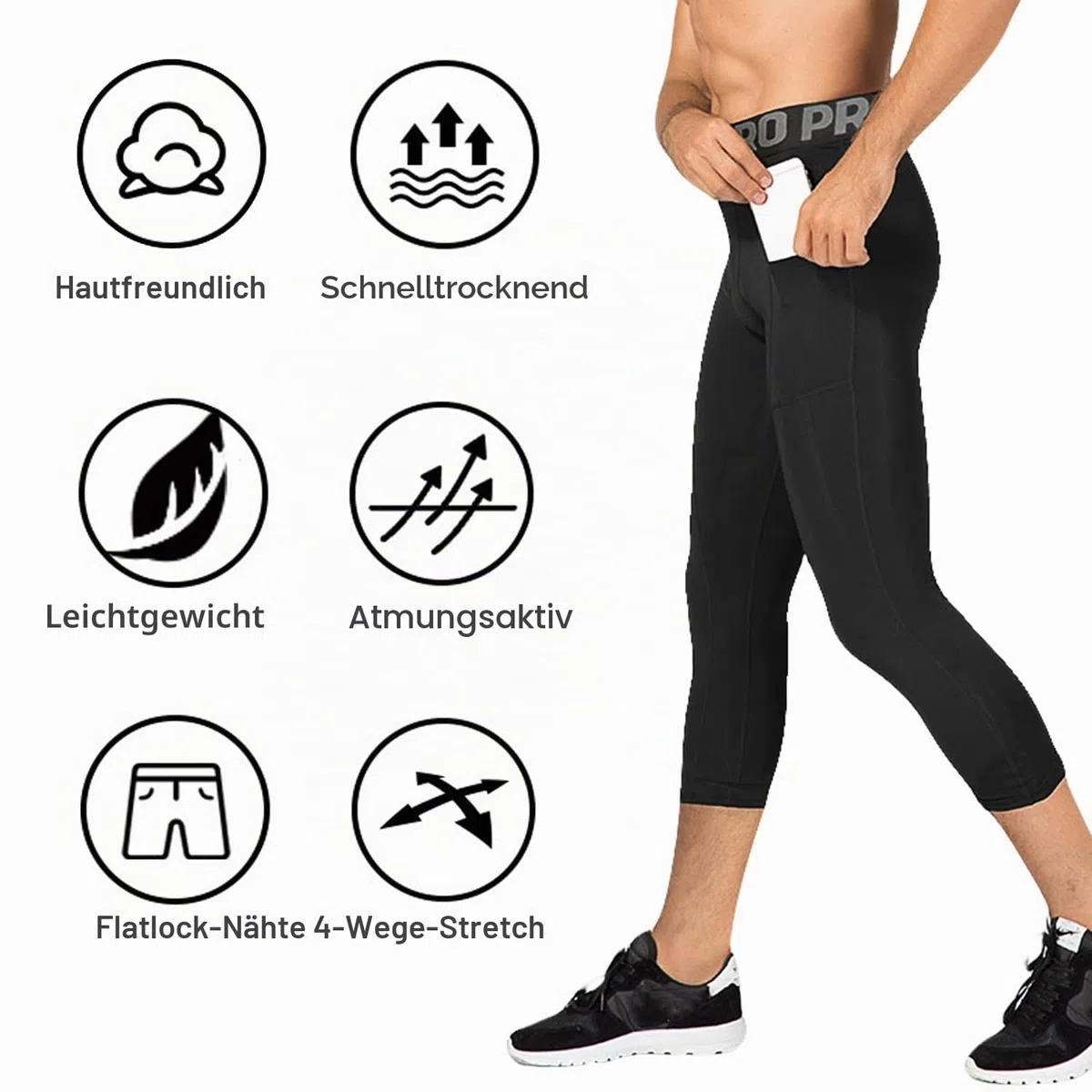 2er-Pack Kompressionshose Herren 3/4 Sport Legging Schnelltrocknende Lauftights mit Taschen Atmungsaktiv Kompression Hose für Fitness Gym Joggen Training Basketball