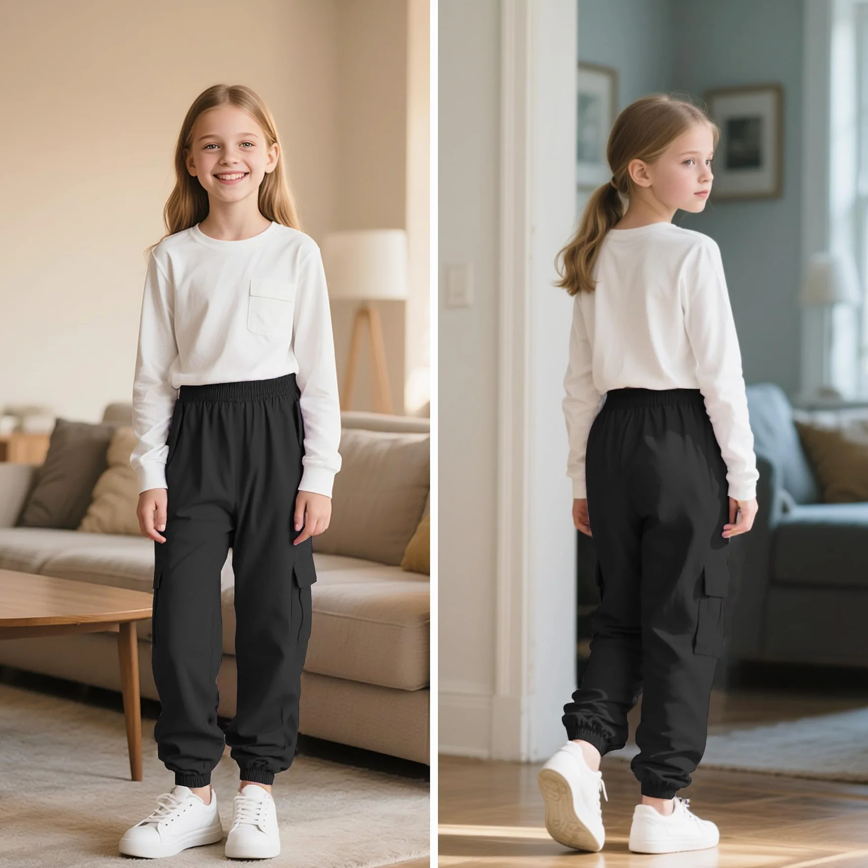 Cargohose Mädchen Baumwolle Kinder Jogginghose Weich Atmungsaktiv Cargo Hose mit Elastischem Bund und Taschen Streetwear Sporthose Freizeithose für Frühling Herbst 6-13 Jahre, Gr.116-158