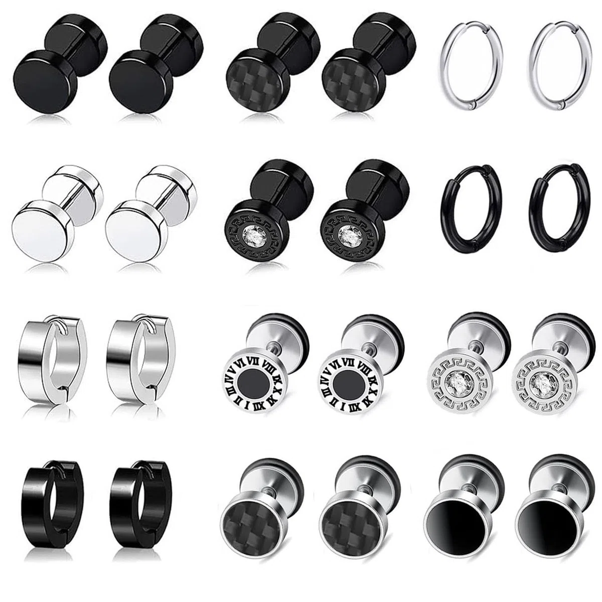 12 Paar Edelstahl Ohrringe Herren, Allergiefreie Creolen Ohrstecker Fake Plugs Schwarz/Silber für Damen Herren