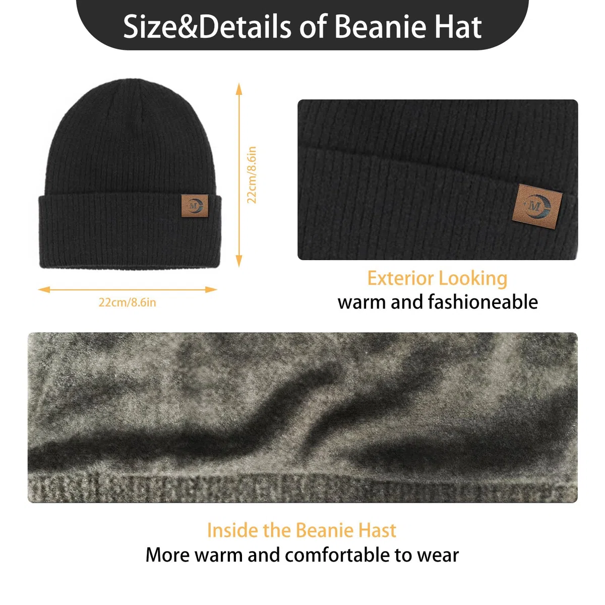 MARUKO Mütze Schal Handschuhe Set Herren Winter Warm Beanie Mütze Schal und Touchscreen Handschuhe Set mit Fleece Gefüttert Strickmütze Winterhandschuhe Schlauchschal Set (Schwarz)
