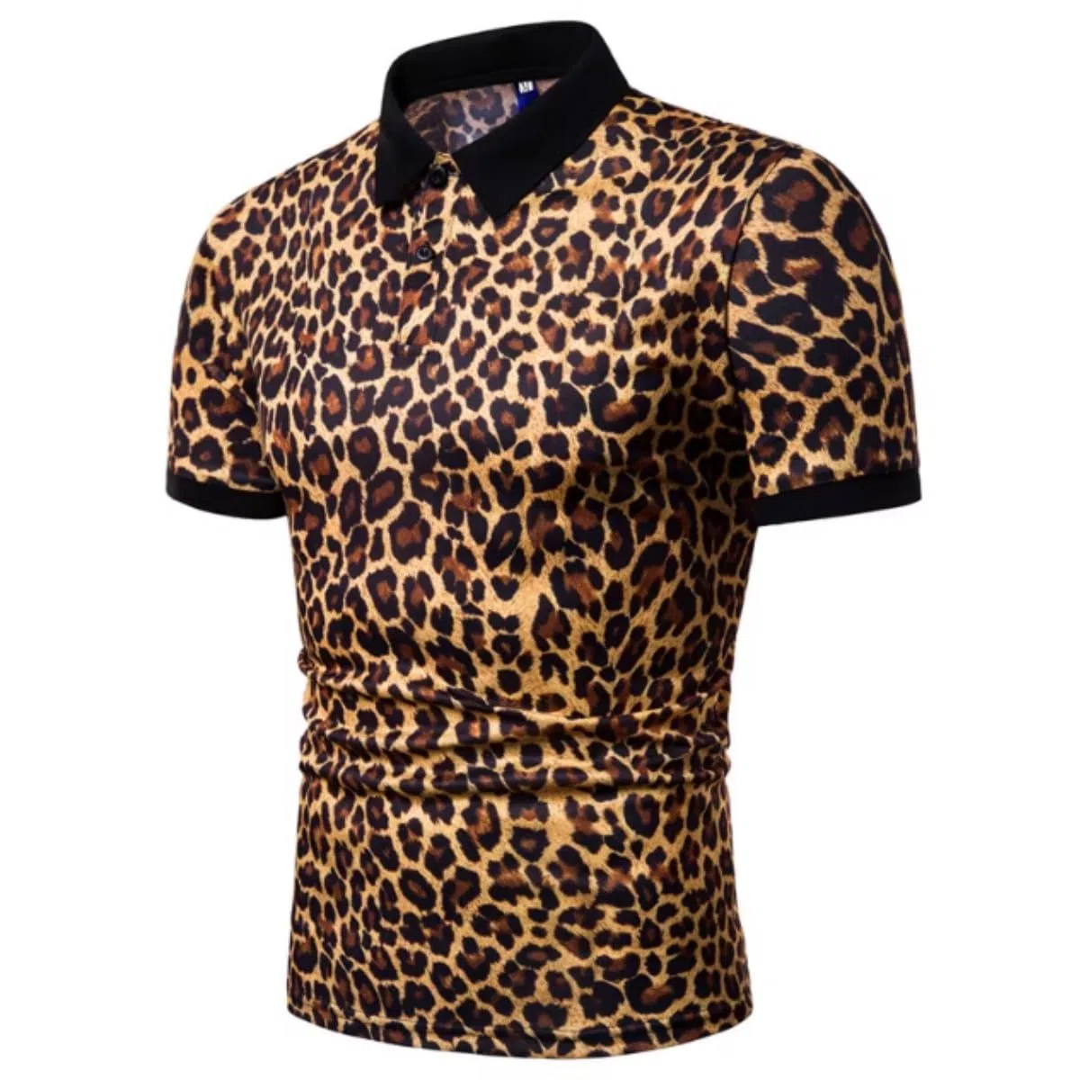 Herren Poloshirt mit Leopardenmuster, kurzärmeliges Casual-T-Shirt mit Leopardenmuster, knopfverschlossen normaler Stehkragen Golf- & Tennistop, klassisches schlankes Basic-Poloshirt für den Sommer