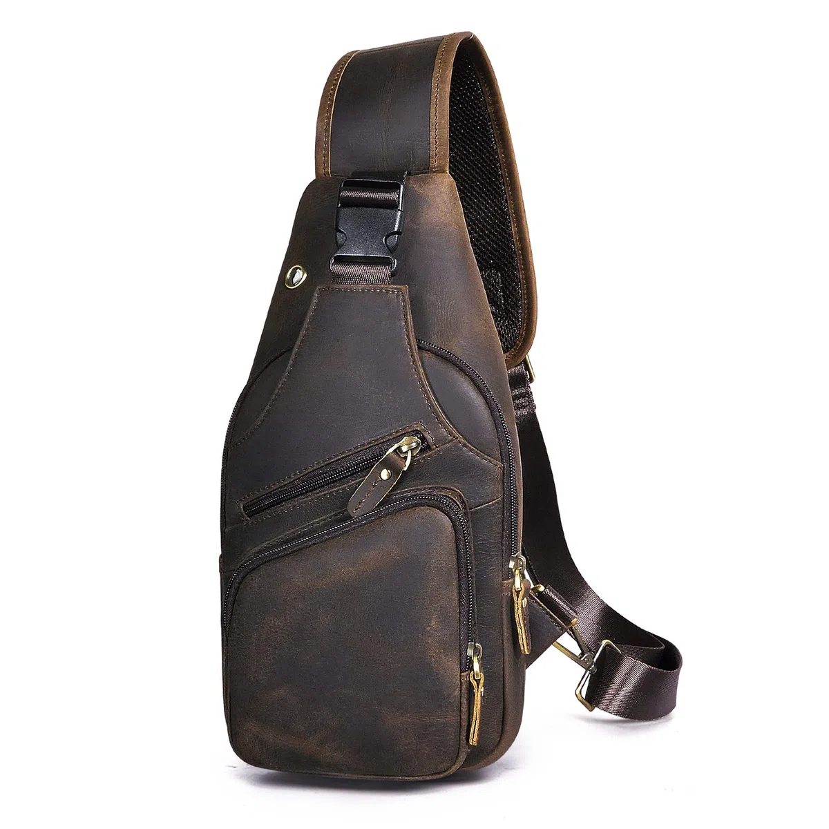 Le'aokuu Herren Echtes Leder Brusttasche Umhängetasche Outdoor Messenger Bag Wanderrucksack Dunkelbraun