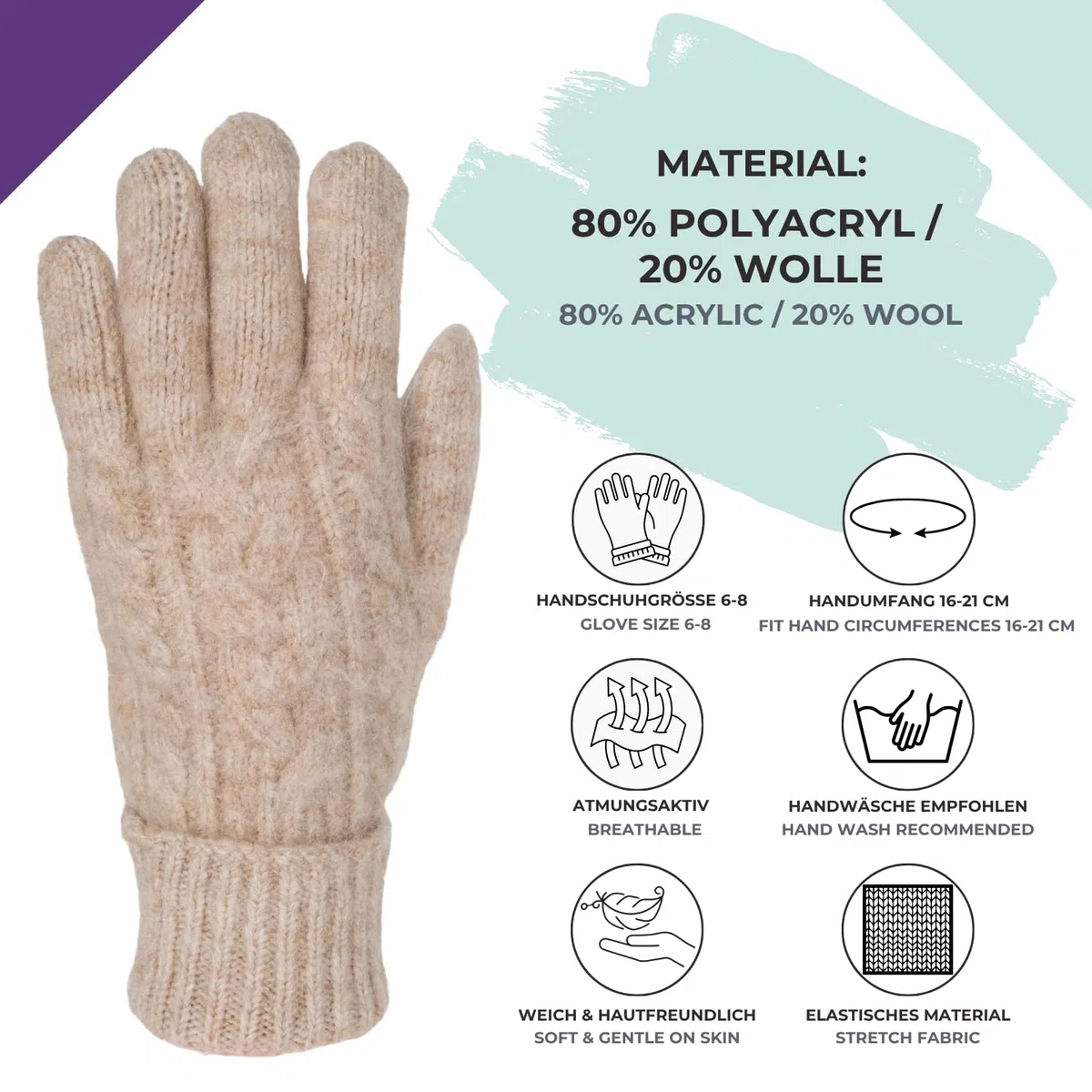 styleBREAKER Damen Strickhandschuhe mit Zopfstrickmuster, warme Winter Fingerhandschuhe, vielseitige Farben 09010051