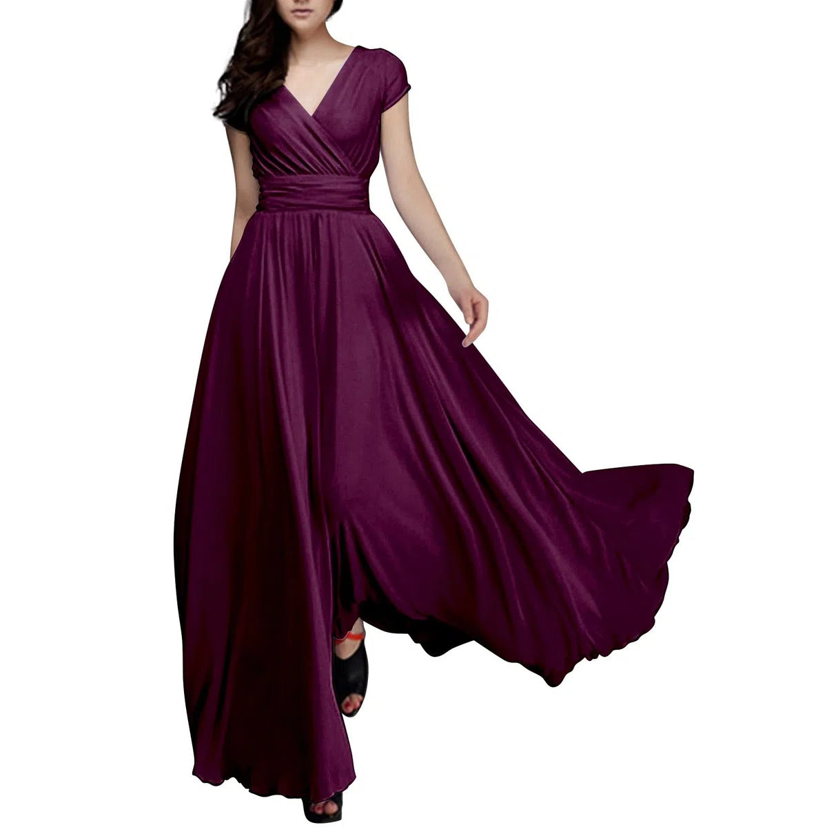 Einfarbiges Damen-Konzertkleid, V-Ausschnitt, kurze Ärmel, Chiffon-Taille, Kleid