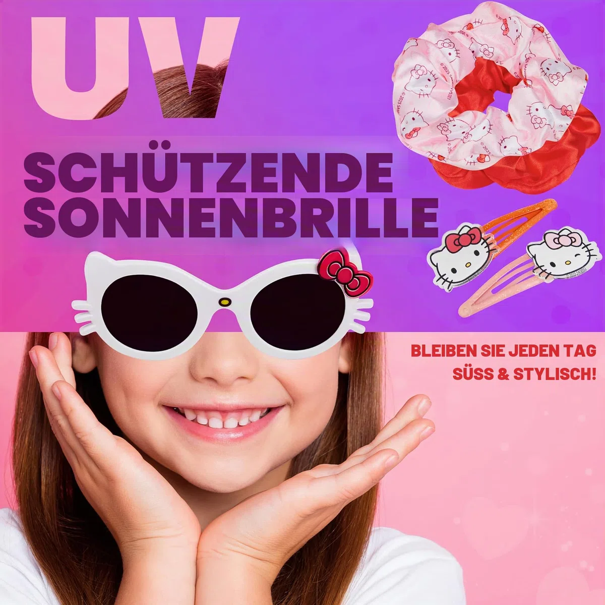 Get Trend Sonnenbrille Kinder Haarschmuck Set und Kleine Tasche UV Schutz Brille Haarspangen Haargummis Mädchen Haarklammer Geschenke für Mädchen