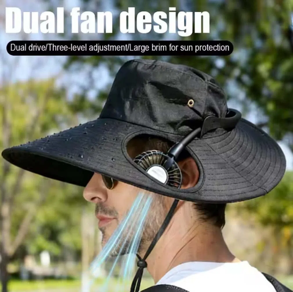 2-in-1 Hands-Free Hat Fan with Detachable Neck Fan,Sonnenhut mit USB wiederaufladbare Ventilator Mütz,Sonnenhut mit breiter Krempe UPF 50+ & wasserdicht,Breite Krempe Sonnenhut für Männer Frauen