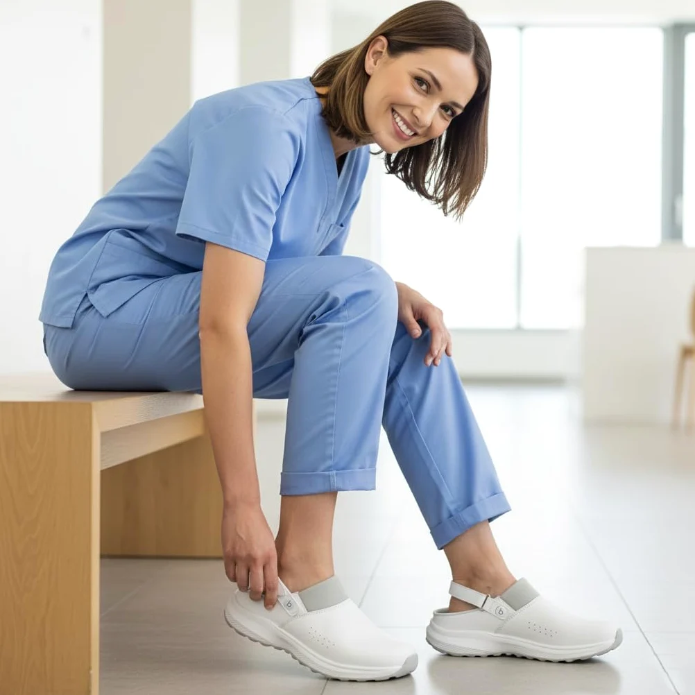 B-well Kai Medizinische Clogs Weiß – Arbeitsschuhe Pflege Damen & Herren, Krankenschwester Schuhe, rutschfest, Anatomische, Eva/Gummi Sohle