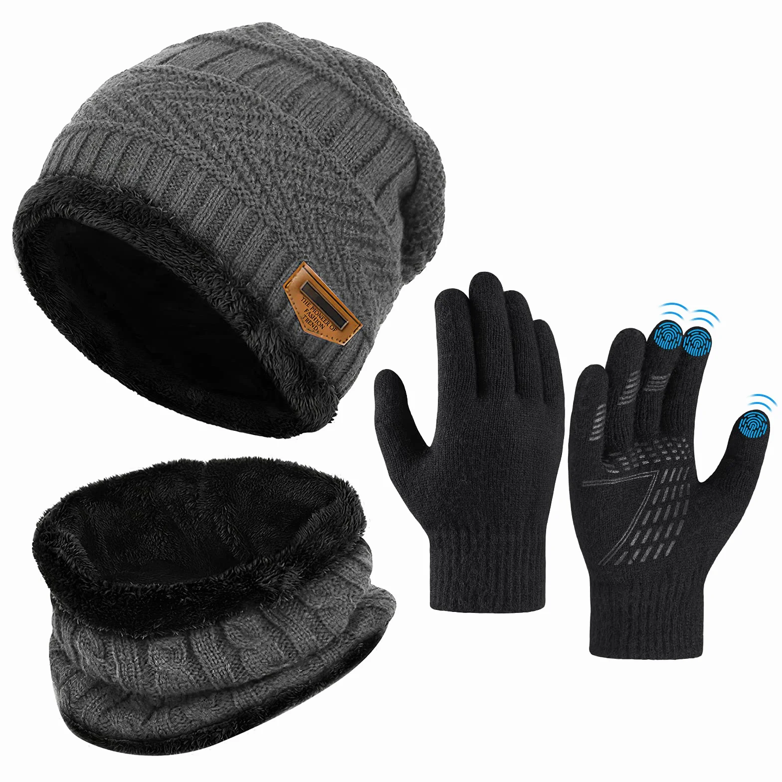 Kinder Wintermütze Schal Handschuhe Set - Beanie Strickmütze Winterschal Thermo Touchscreen Handschuhe | Fleecefutter Warme Knit Hut Loop Schal Rutschfeste | Für Junge Mädchen 5-10 Jahre