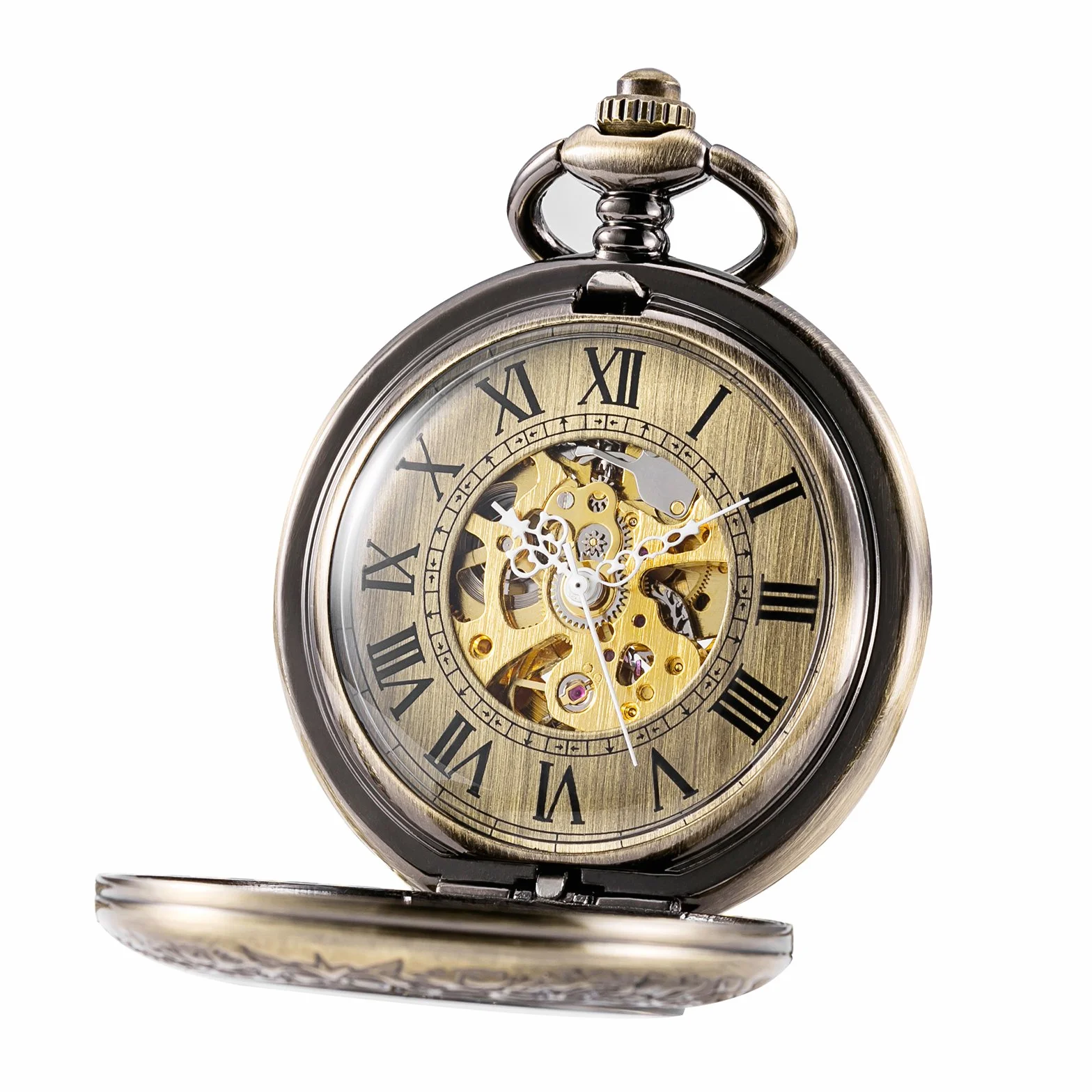 TREEWETO Unisex Taschenuhr mit Kette Analog Handaufzug Antik Skelett Lupe Bronze