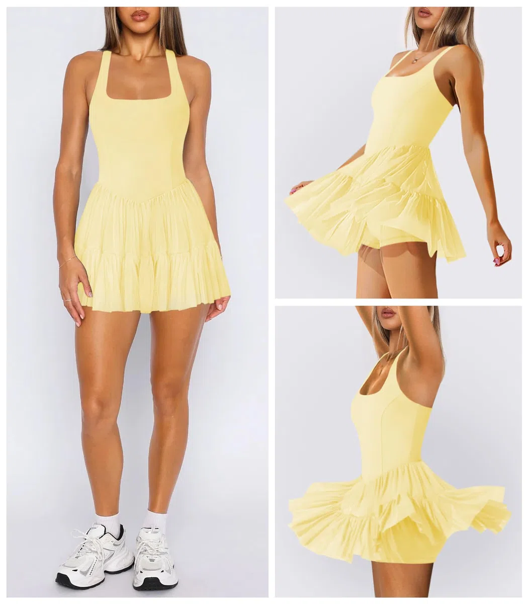 Damen-Tenniskleid, fließend, plissiert, Rüschen, athletisches Kleid für Damen, Neckholder, ärmellos, Sommer, Mini-Golfkleid mit Shorts-Tasche