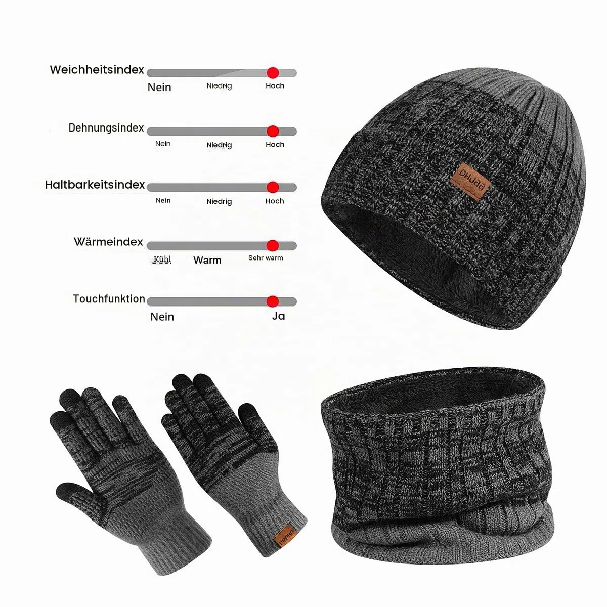 TAGVO 3in1 Winter Beanie Hut, Schal, Handschuhe Set,Ultraweiche elastische Verdickung Vlies Innenfutter Strick Beanie Cap Neck Warmer Warme Strickmützen, Mütze, Schal & Handschuh-Sets für Damen Herren