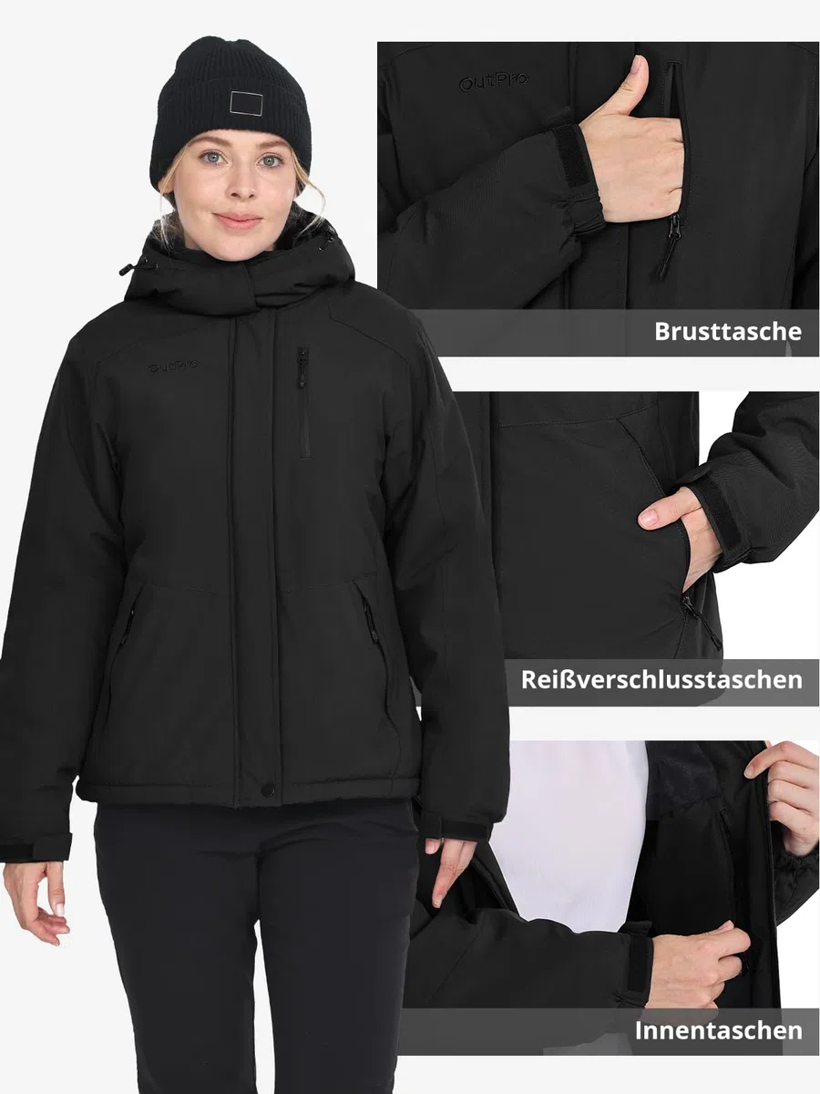 OutPro Winterjacke Damen Wasserdicht Skijacke Snowboardjacke Hooded Warm Dickes Gänsedaunenfutter Doppelte Seitentaschen Wanderjacke mit Reißverschluss für Outdoor-Aktivitäten