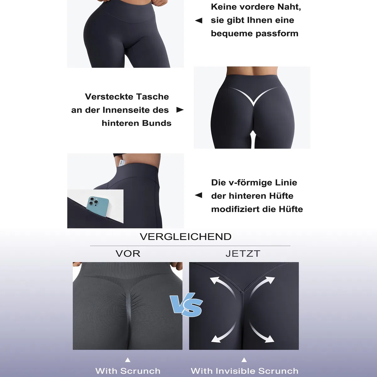 RXRXCOCO Damen Invisible Scrunch Butt Gym Sport Leggings High Waist Yoga Legging Booty Workout Leggings Booty Lifting Po Push Up Sporthose mit Taschen