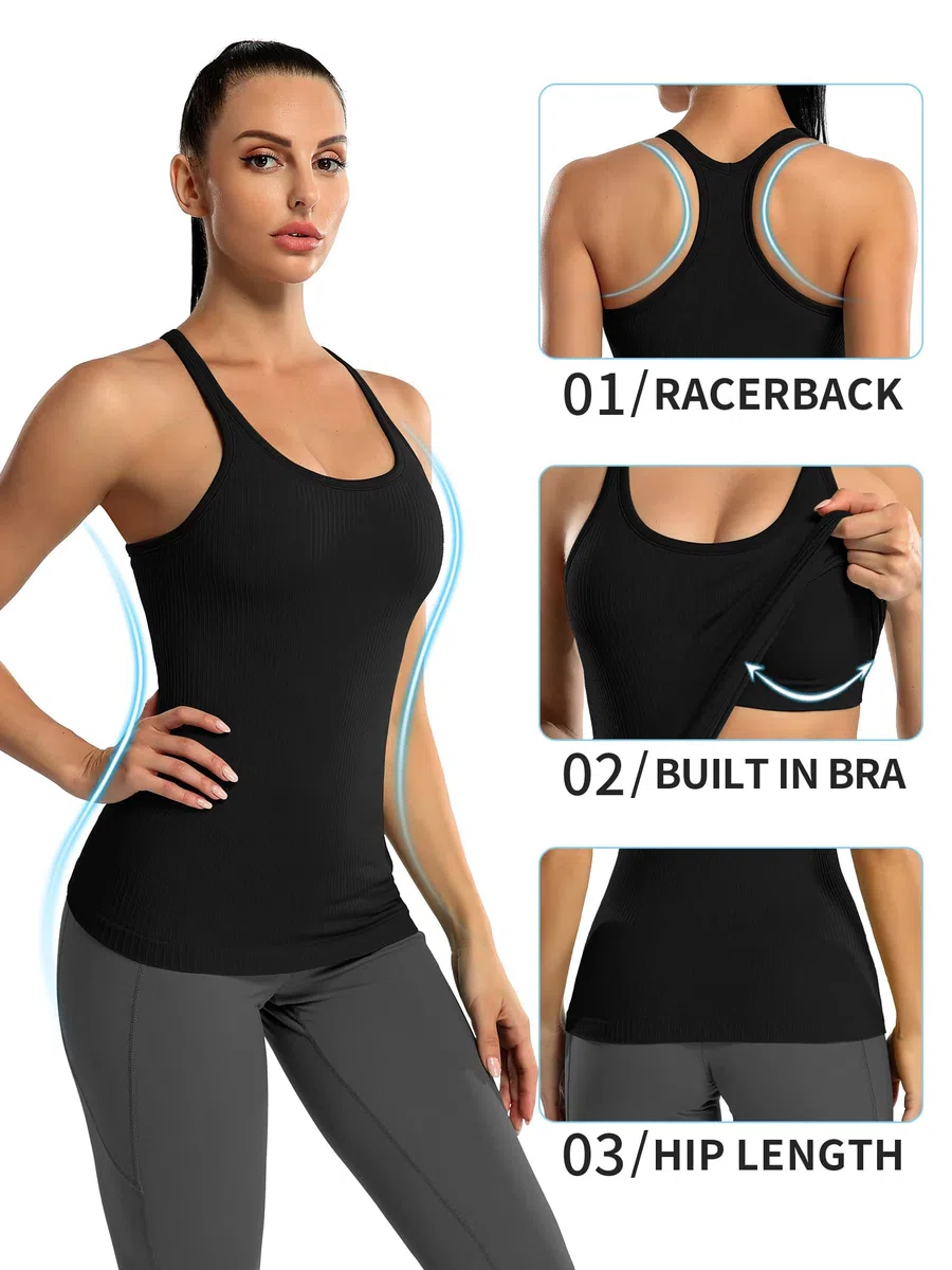 Charmo Tank Top Damen Sommer Top mit integriertem BH Eng Sporttop Racerback Sportshirt mit Rundhalsausschnitt