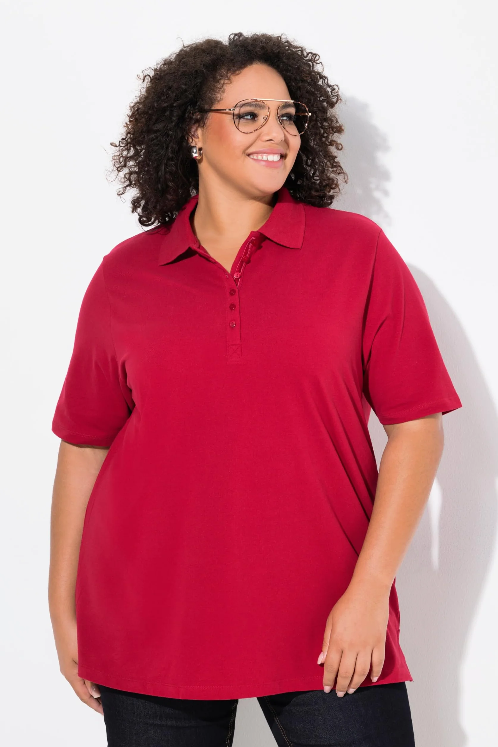 Ulla Popken Damen große Größen Übergrößen Plus Size Poloshirt, T-Shirt mit Samtband-Knopfleiste, Basic-Shirt, Polokragen, Baumwolle 637297