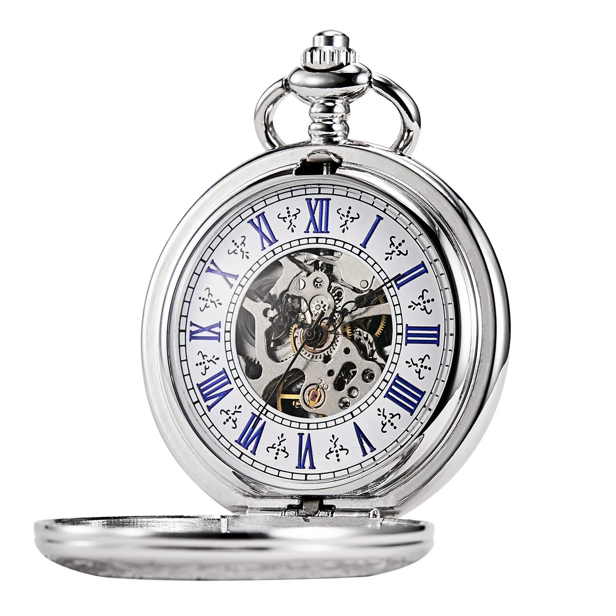 TREEWETO Taschenuhr mit Kette Herren Analog Handaufzug Antik Skelett Lupe Silber