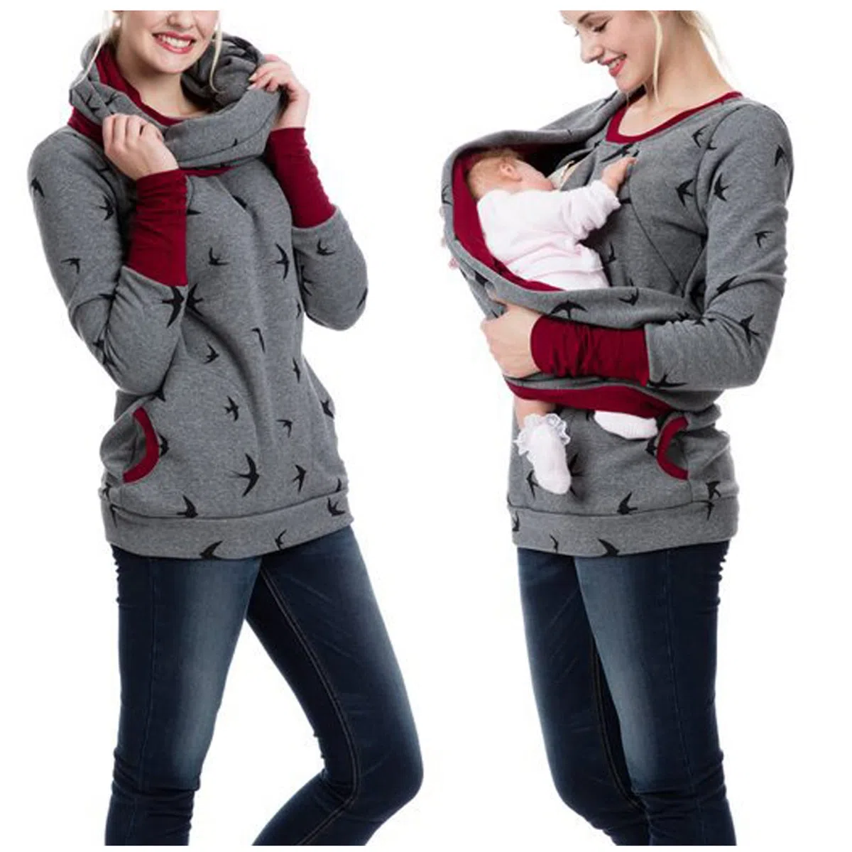 Damen Umstandsshirt Langarm Pullover Stillshirt Elegant Sweatshirt Mutterschaftsanzug + Schal Umstandstops Schwangerschafts Oberteil Schwanger T-Shirt Umstandsmode Langarmer Stillender Bedrucktes