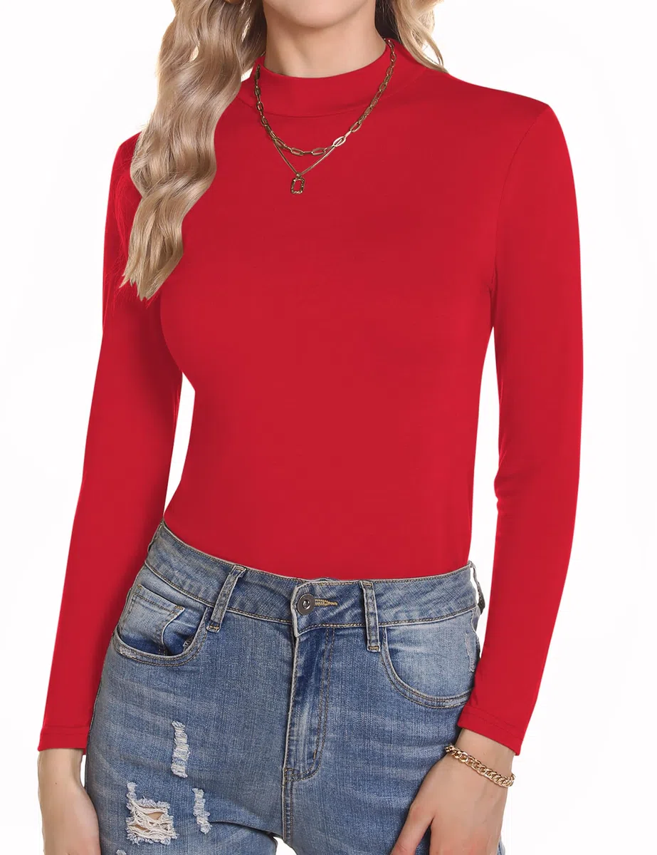Aottori Langarmshirt Damen Stehkragen Basic Rollkragenshirt Baumwolle Oberteile Langarm Elegant Unterziehshirt Slim Fit Rollkragenpullover Dünn Thermounterwäsche Stretch Tops
