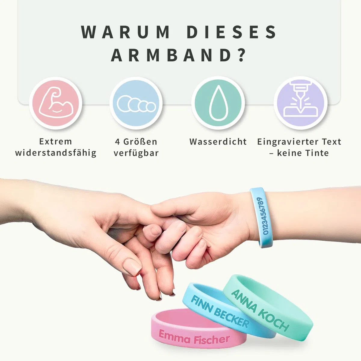 Gutmarkiert – Personalisierbares SOS-Armband für Kinder aus Silikon, graviert mit Name & Telefonnummer – wasserdichtes Notfallarmband für Kinder, besonders langlebig – Farbe wählbar