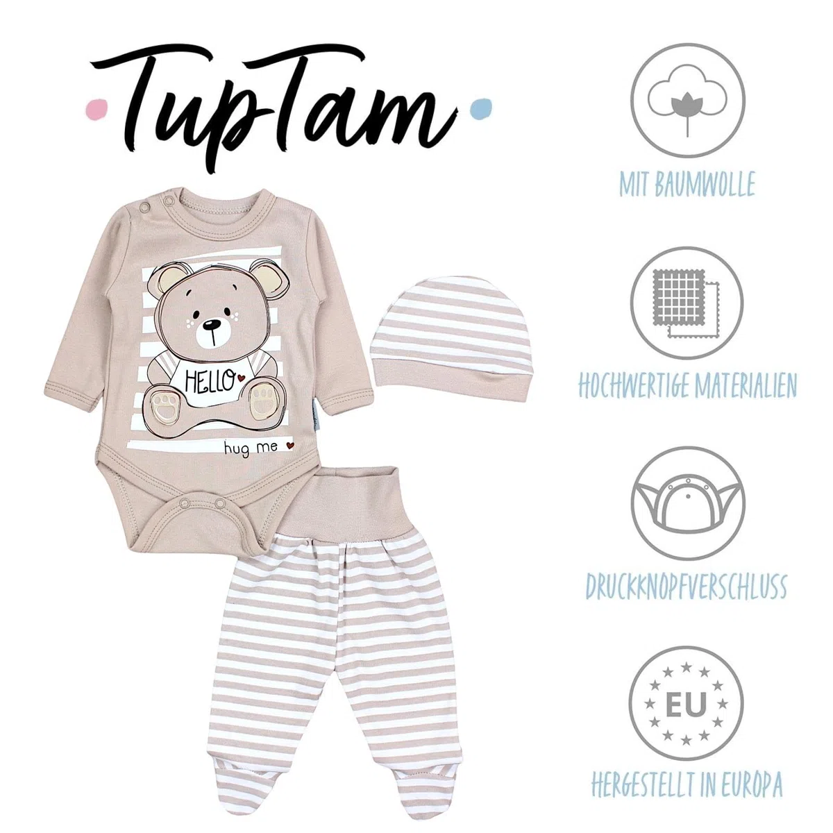 TupTam Baby Mädchen Jungen Bekleidungsset Langarmbody Hose Mütze mit Aufdruck Spruch 3 teilig