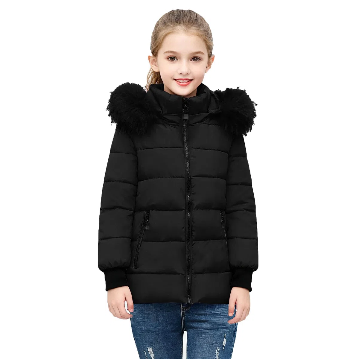 EMATOP Lang Winterjacke Mädchen Kinder Warm Wintermantel Outdoor Sport Steppjacke mit Kapuze Mantel Lässiger Einfarbig Pufferjacke Baumwolle Winddicht Daunenjacke Zipper Bequem Outdoorjacke