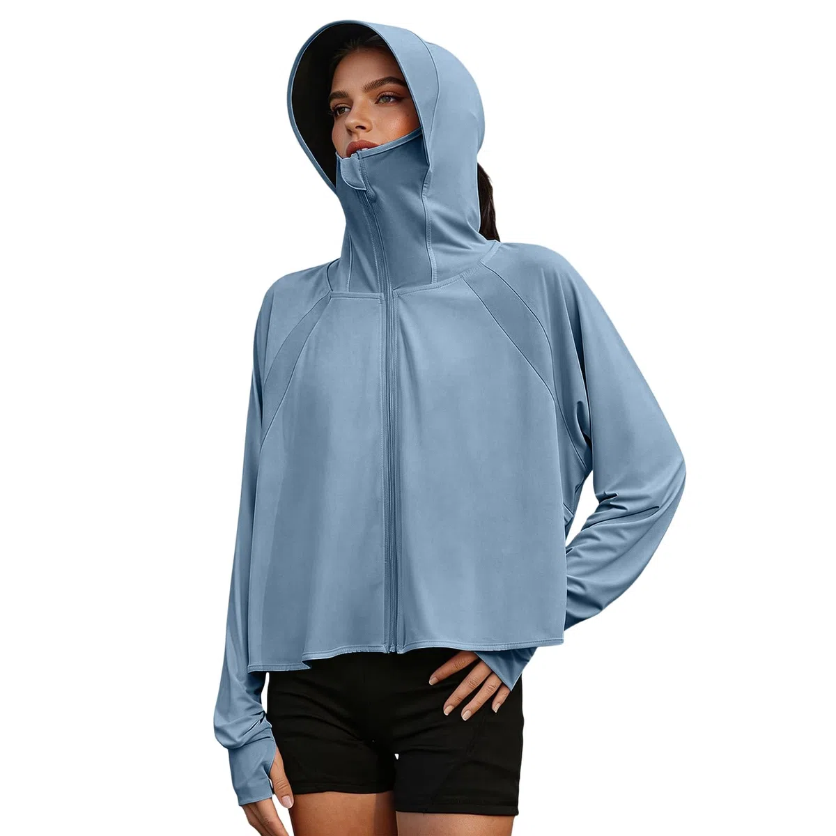 Laufjacke Damen UV 50+ Ice Silk Atmungsaktive Sportjacke Langarm Gym Top Sportshirt mit Reißverschluss Sportliches Sonnenschutzoberteil mit Abnehmbarer Krempe Yoga Fitness Laufen Joggen Tennis