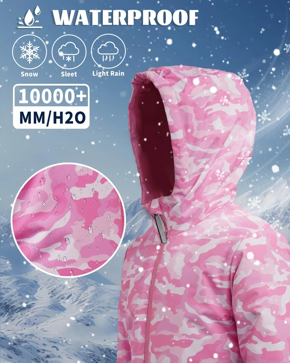 Owntop Schneeanzug Kinder Unisex, Schneeoverall Mädchen Jungen, Winddicht Wasserdicht Skianzug mit Kapuze Reißverschluss (Hellrosa Tarnung,104)
