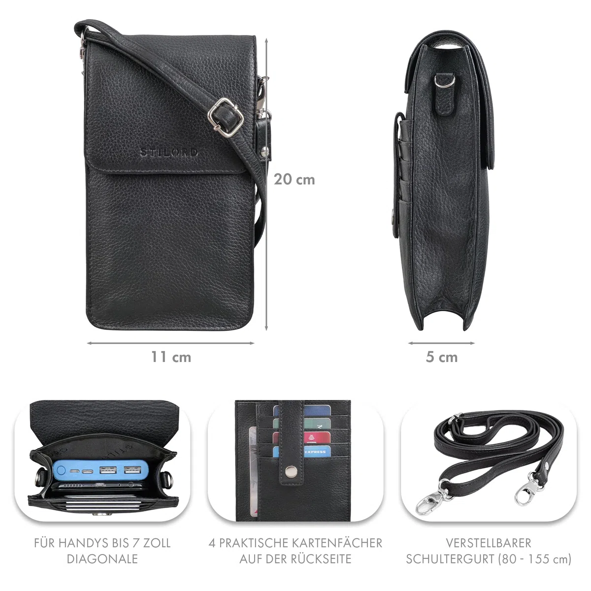 STILORD Imola Echtleder Handytasche 7 Zoll Damen Herren Vintage Umhängetasche Leder Crossbody Bag schwarz