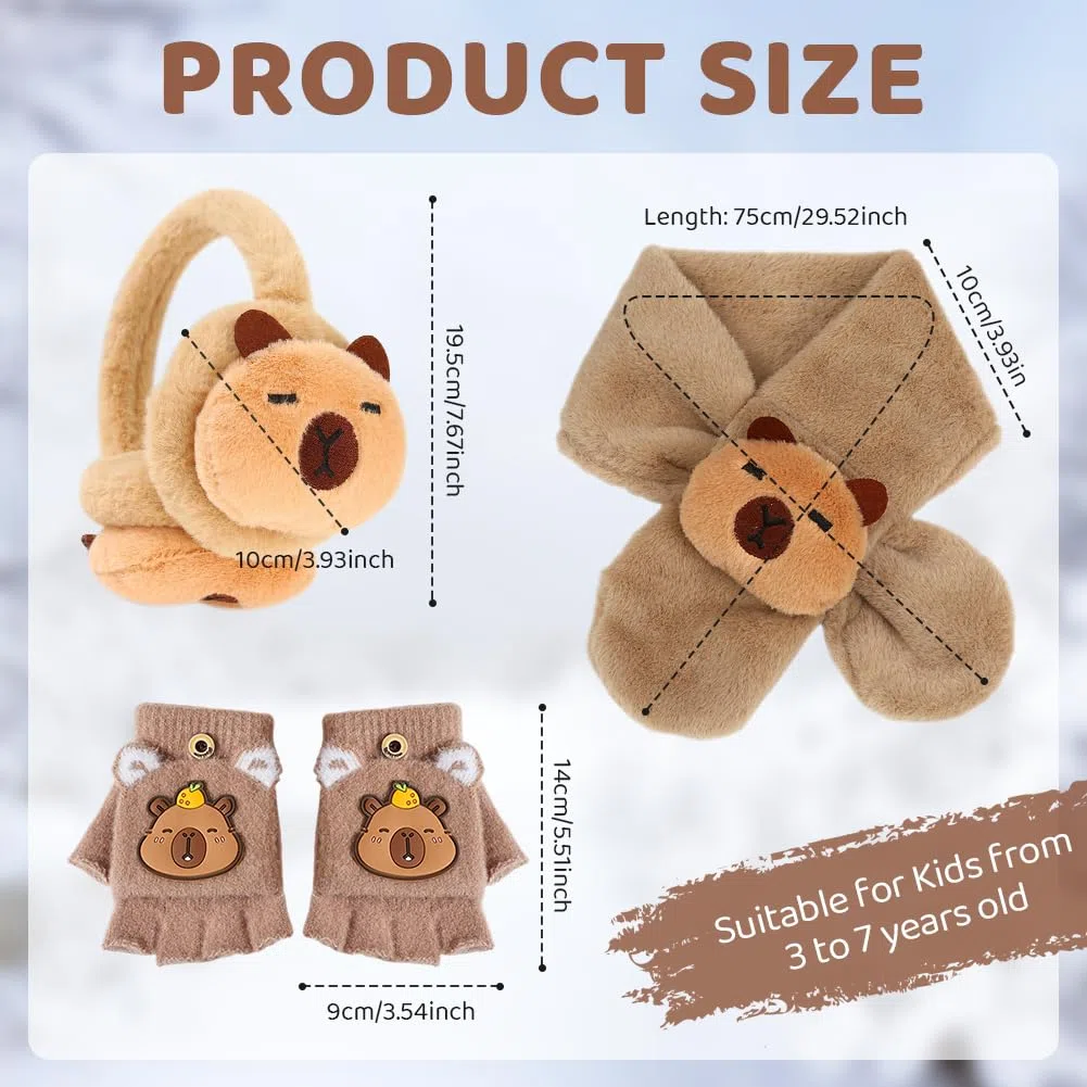 Capybara Winter Accessoires Kinder, 3PCS Ohrenschützer Fäustlinge und Schal Set Ohrenwärmer Earmuffs Plüsch Winterschal Kinderhandschuhe Winter Set Outdoor-Aktivitäten für Junge Mädchen Braun