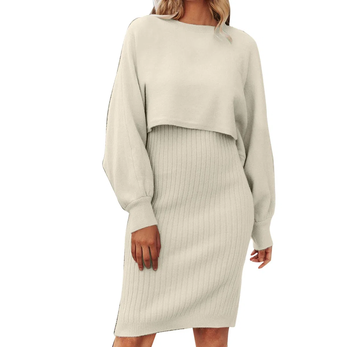 Strickpullover Strickkleid Zweiteiler Set Fauler Stil Pulloverkleid für Damen Einfarbiges Gestrickt Kleid Set Oberteil Pullover und Kleid Bodycon 2 Teiliges Sweater Strickkleid Pullikleid Minikleid