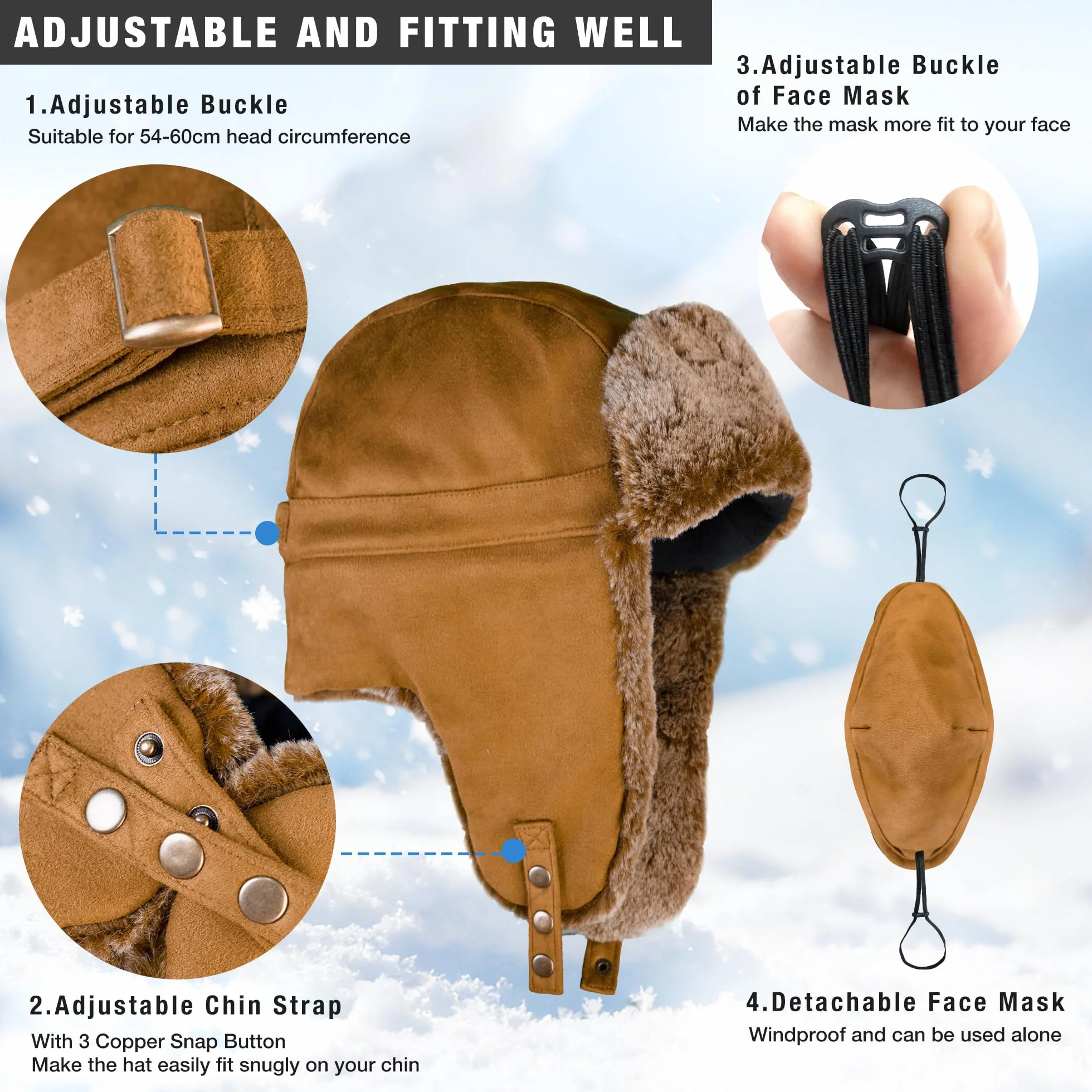 Unigear Wintermütze mit Ohrenklappen, Unisex Warme Schneedichte Fliegermütze Kunstfellmütze mit Winddichte Abnehmbarer Gesichtsmaske für Skifahren, Schlittschuhlaufen und andere Outdoor-Aktivitäten