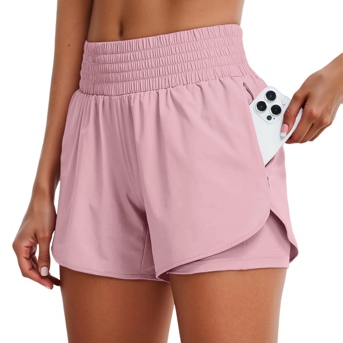 Damen 2 In 1 Laufshorts Running Shorts Beiläufige Elastisch Kurze Hosen Mit Taschen Workout Sportrock Elastischer Bund Mit Innenfutter Schnelltrocknende Hose Fitness Yoga Jogging Training Sporthose