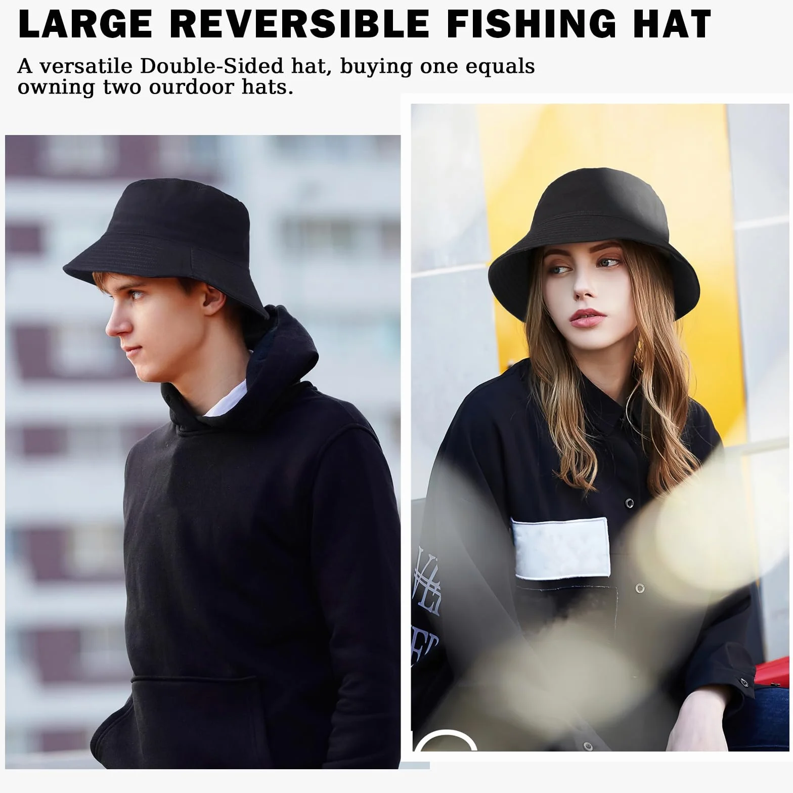 TAGVO XXL Fischerhut für Damen Herren, UPF50+ Reversibel Bucket Hats für Großen Kopf, Beidseitigen UV-Schutz Baumwolle Sonnenhut mit Breiter Krempe