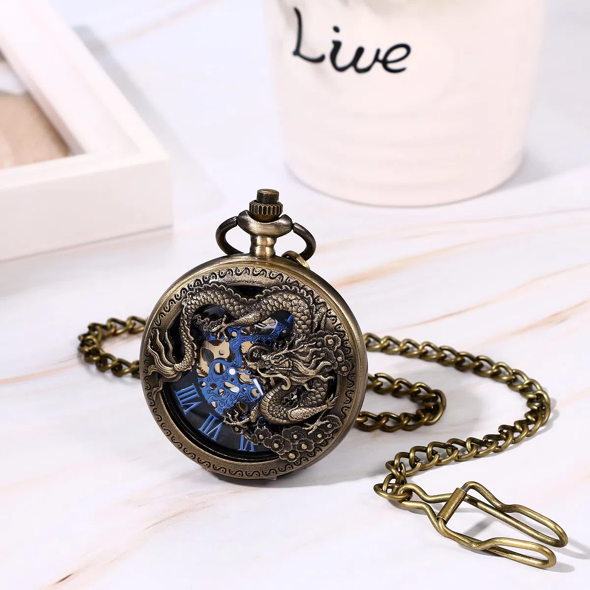JewelryWe Taschenuhr Automatik Mechanische Herren Retro Römischen Ziffern Steampunk Skelett Uhr mit Kette