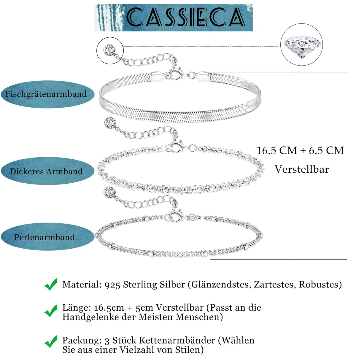 CASSIECA 3 Stück Armband Silber Damen Armbänder Silver Armband Set Gold 14 Karat Vergoldet Armbänder Damen Verstellbare Stapelbare Kettenarmband Gold Silber Schmuck für Damen