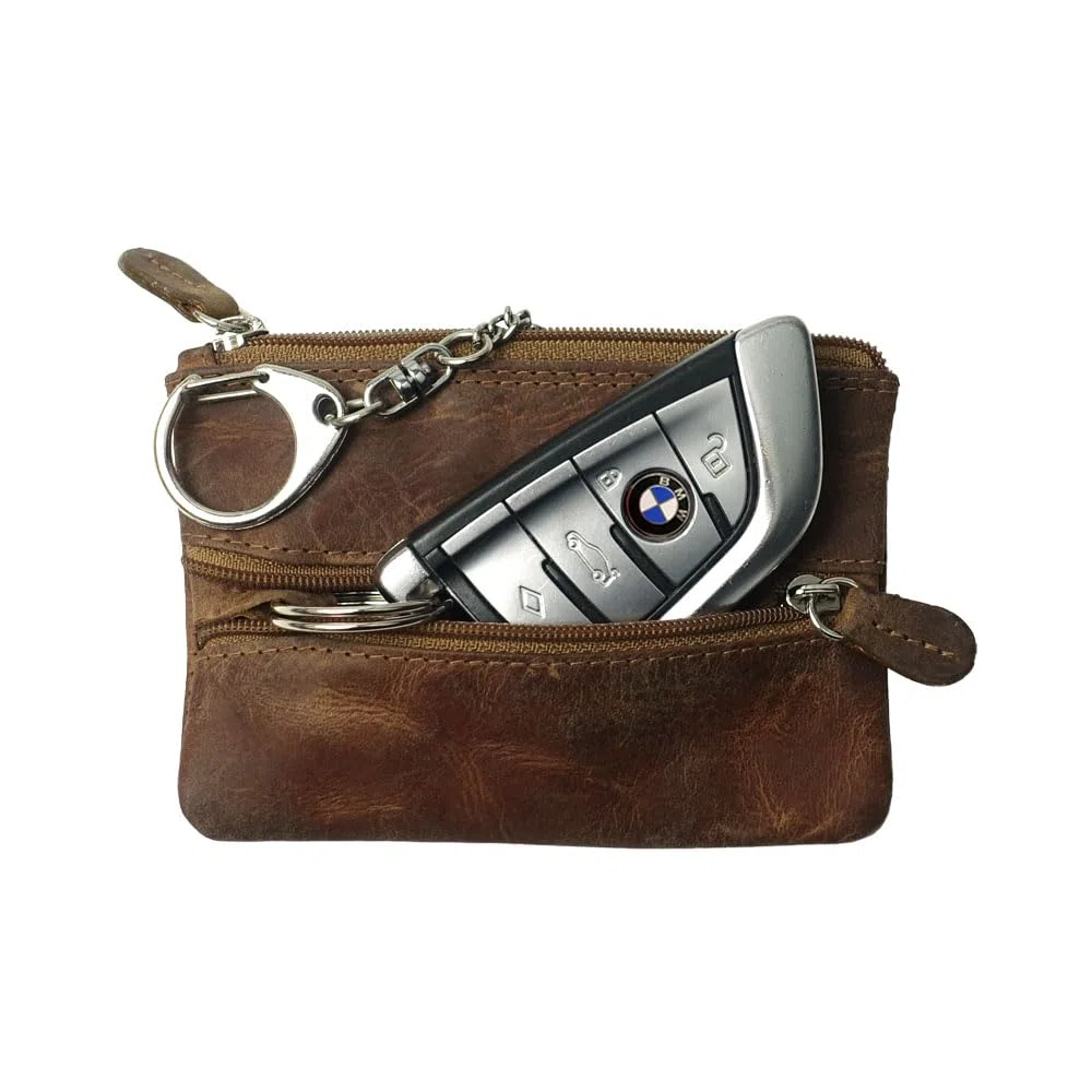 Schlüsseltasche Leder braun Schlüsseletui Leder Schlüsselmäppchen Büffel braun für Damen und Herren + Karabiner und 2 Schlüsselringe + Münzfach