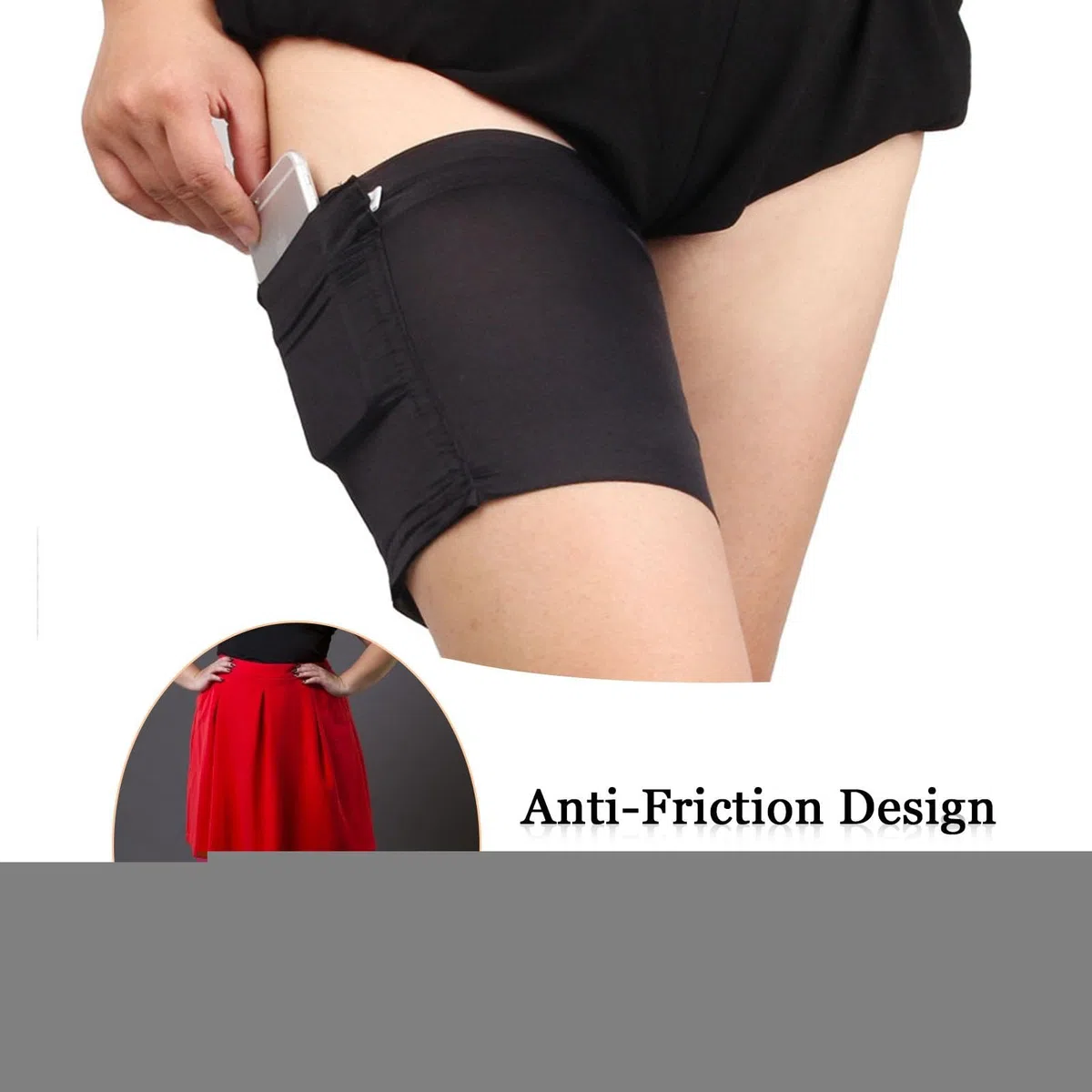 TAOLE Damen Oberschenkel Bänder mit Taschen, Anti-Reibungs Handy-Socken mit Silikonbändern, Rutschfest, Bequem, S, Schwarz