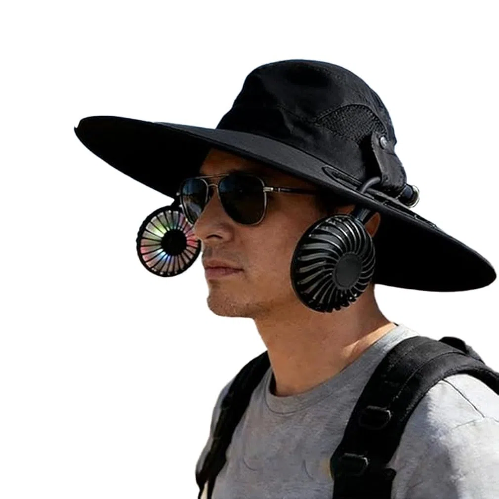 2-in-1 Hands-Free Hat Fan with Detachable Neck Fan,Sonnenhut mit USB wiederaufladbare Ventilator Mütz,Sonnenhut mit breiter Krempe UPF 50+ & wasserdicht,Breite Krempe Sonnenhut für Männer Frauen