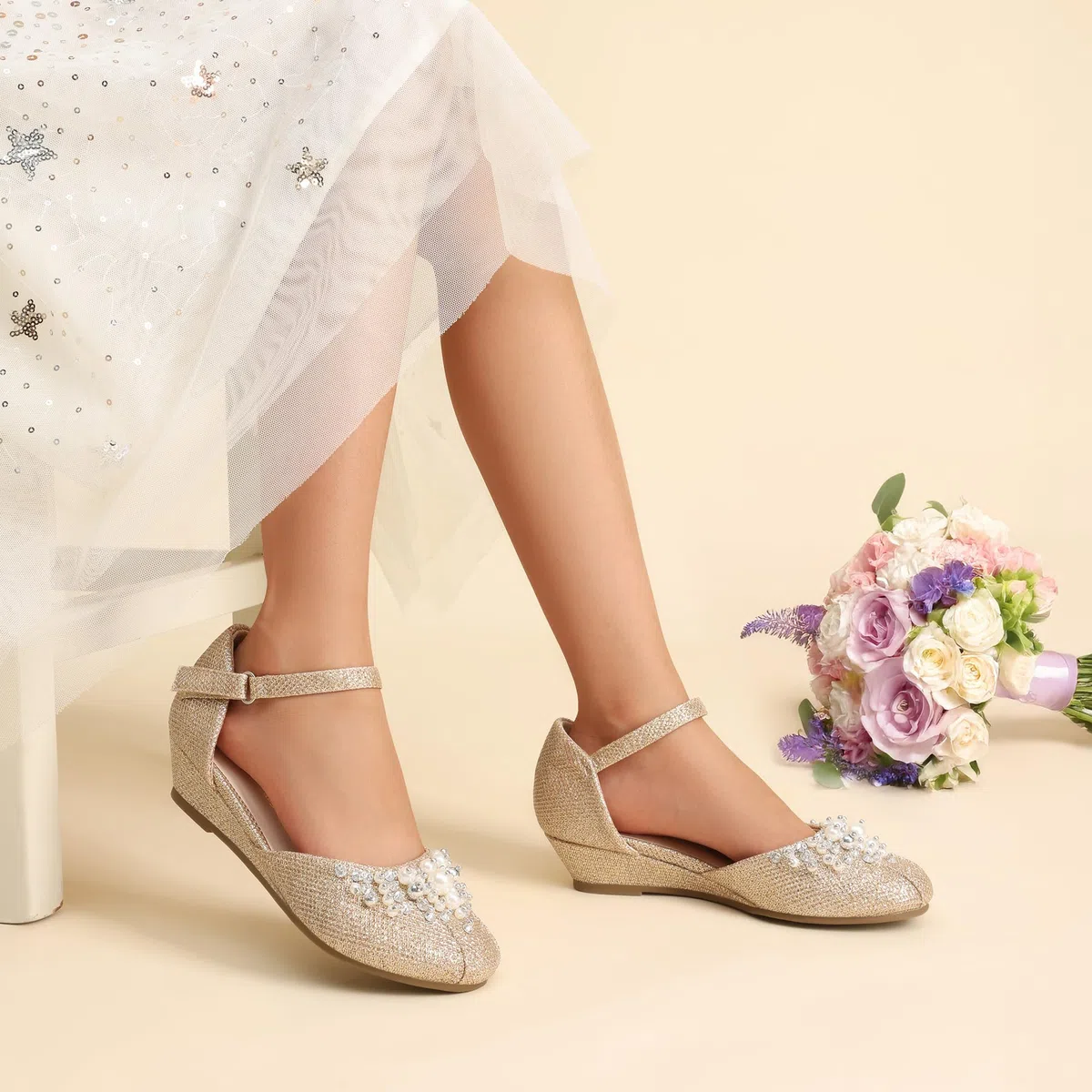 DREAM PAIRS Mädchen Prinzessin Schuhe Schulschuhe Flache Schuhe Kleiderschuhe Absätze niedrige Keilpumps mit Perlen und Strasssteinen