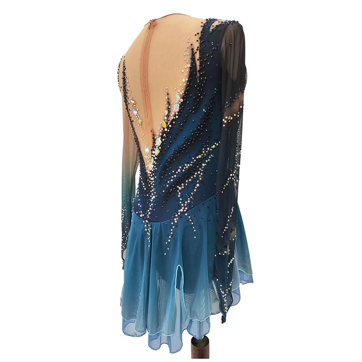 JRUIA Eiskunstlauf Kleid Für Damen Eislaufbekleidung Für Mädchen Dunkelblaues Halo Färben Elastizität Professionelle Wettkampf Skating Bekleidung Kristall Warmes Langarmshirt