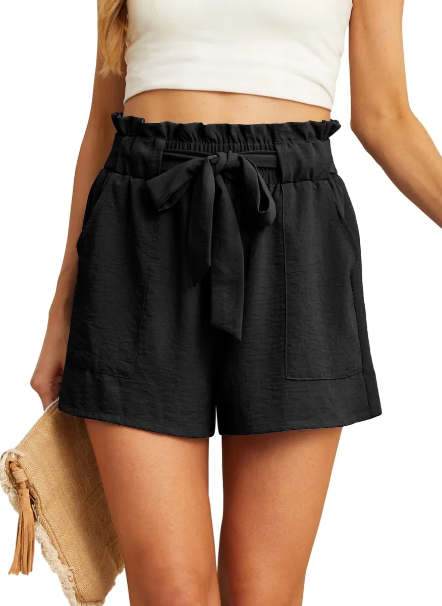 IWOLLENCE Kurze Hose Damen Sommer Shorts Paperbag Strandshorts Sommerhose Leicht Kurz Für Dicke Oberschenkel Lockere Elegant Elastischer Bund Breiter Taillenband Mit Taschen