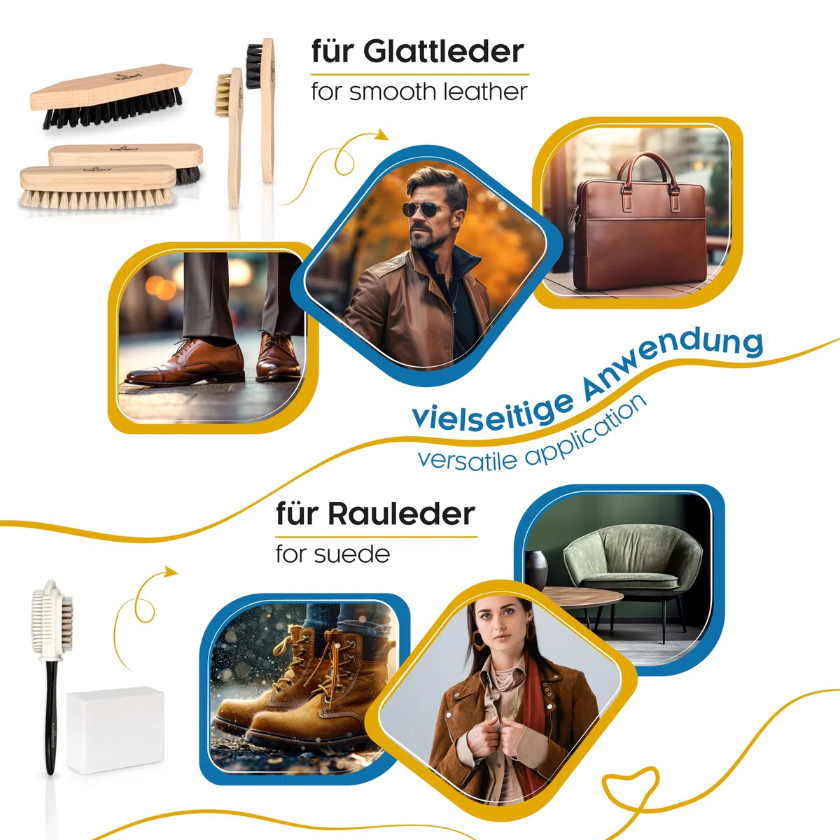 biped Schuhputzset 8-teilig - Schuhpflege für Glattleder und Wildleder - Schuhbürsten mit Natur Borsten - Made in Germany z2463