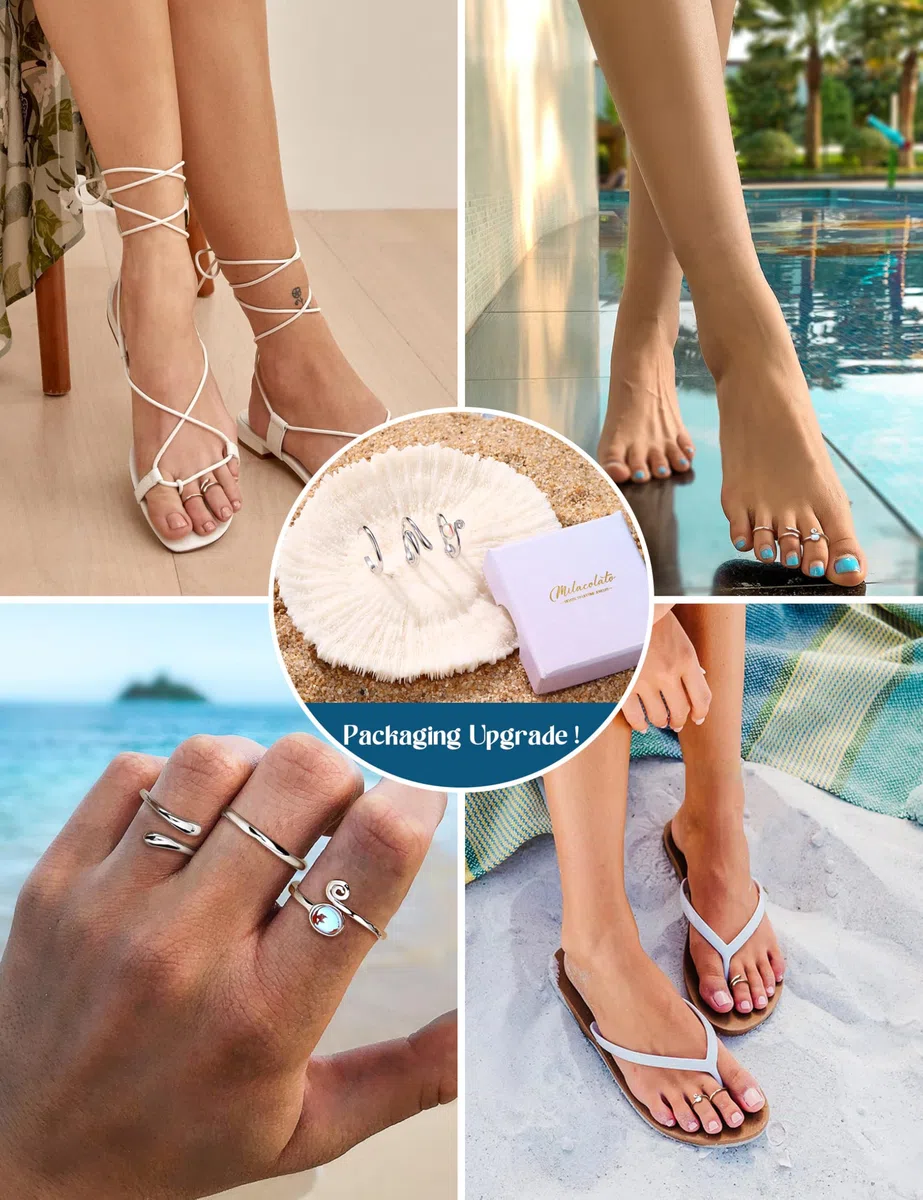 MILACOLATO 3PCS 925 Sterling Silber Zehenringe für Damen Verstellbare Mondstein Band Schwanz Offene Zehenringe Damen Strand Fußschmuck Set
