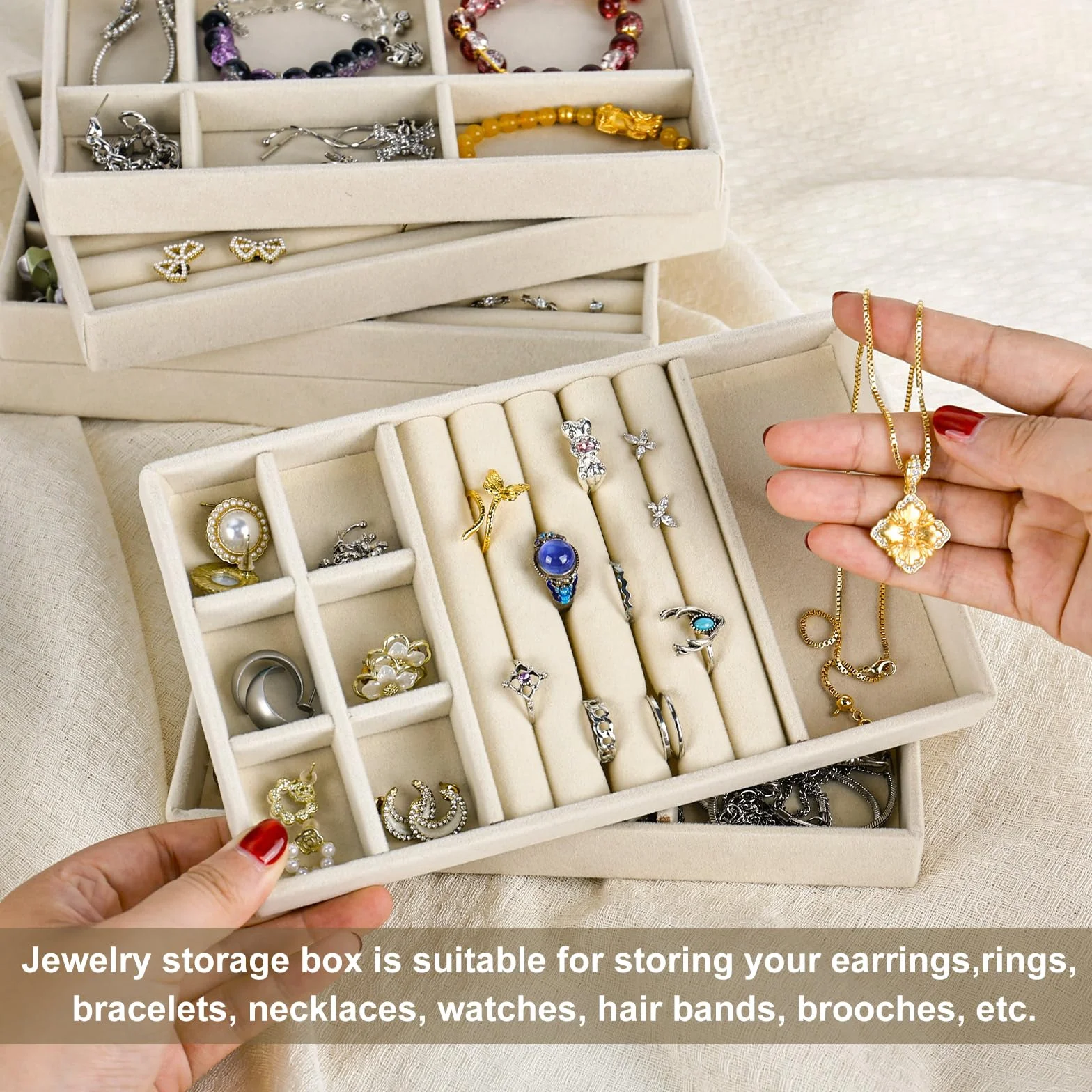 8 Stück Schmuckaufbewahrung Schublade, Schmuck Organizer Schublade, Schmucktablett, Schmuckeinsatz für Schubladen, Stackers Schmuckkasten, Samt Jewelry Organizer für Ohrringe (Beige)