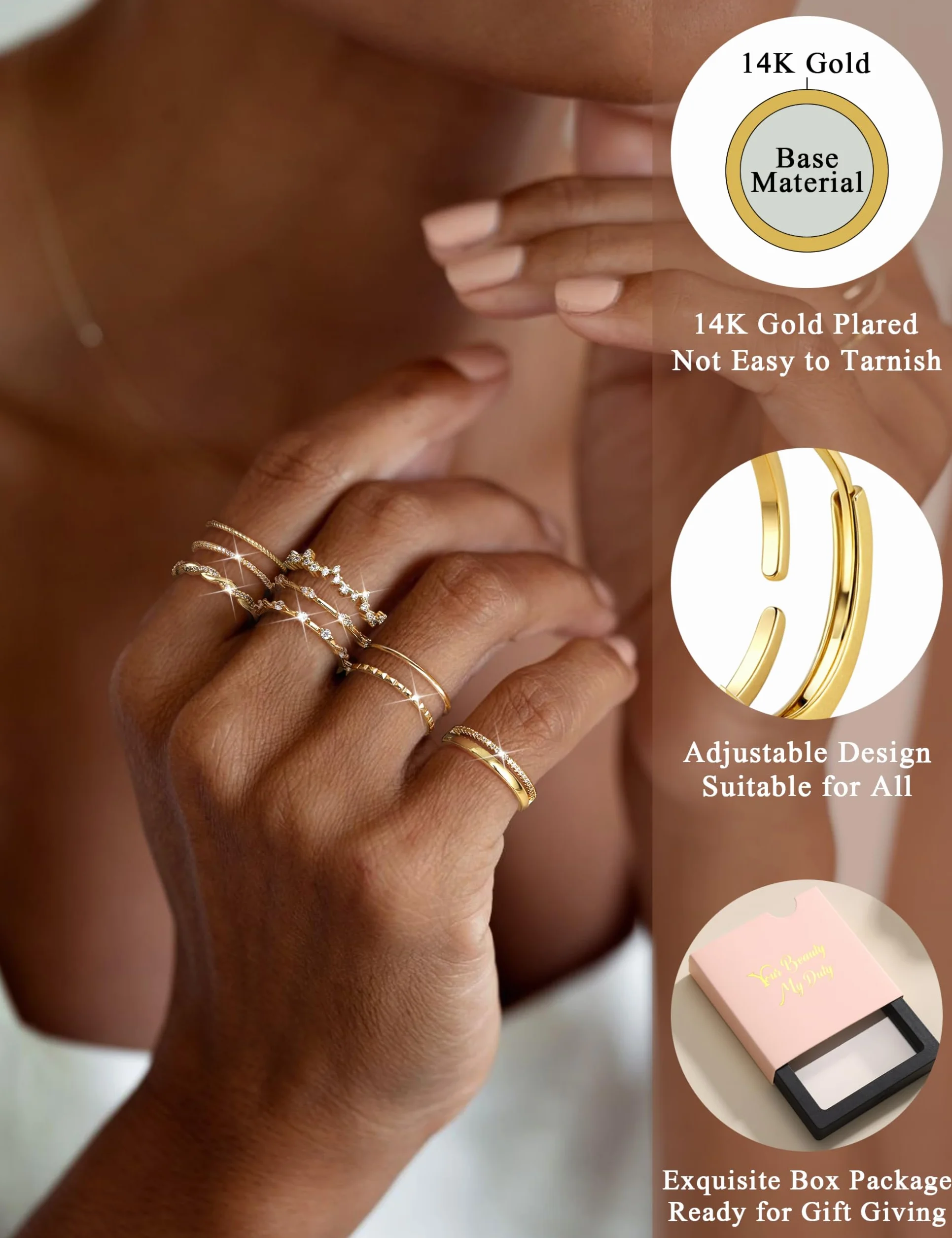 LOLIAS 9 Stück Ringe Gold/Silber Wasserfest Ring Verstellbar Statement Ringe Damen Damenring Daumenringe Fingerring Stapelringe Verlobungsring Promise Ring Set Schmuck