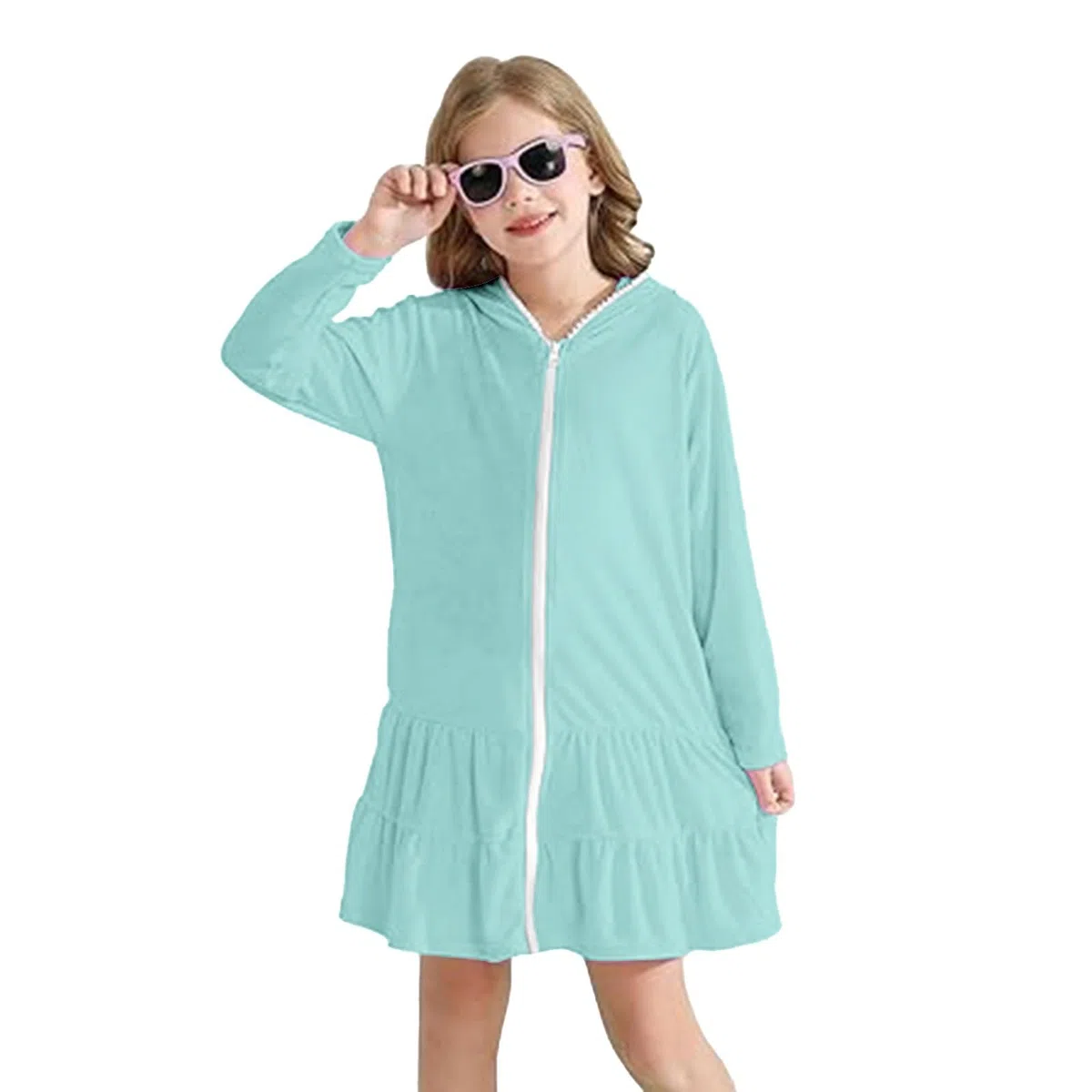 Badeponcho Kinder Reißverschluss Kapuze Cover Up mit Sonnenbrille Saugfähige Frottee Strandkleid Rüschen Gemütlich Strandtuch Sommer Mädchenkleid Langarm Bademode