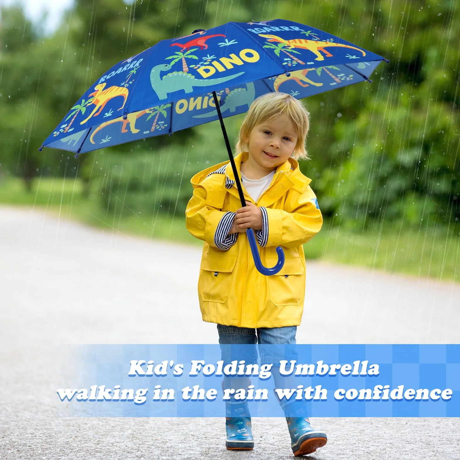 decalsweet Regenschirm Kinder Stockschirm mit Schirmhülle, Windsicher Robustheit Regen Regenschirm, Faltbarer Kinderschirm Taschenschirm für Junge Mädchen Leicht zu Transportieren, Blauer Dinosaurier