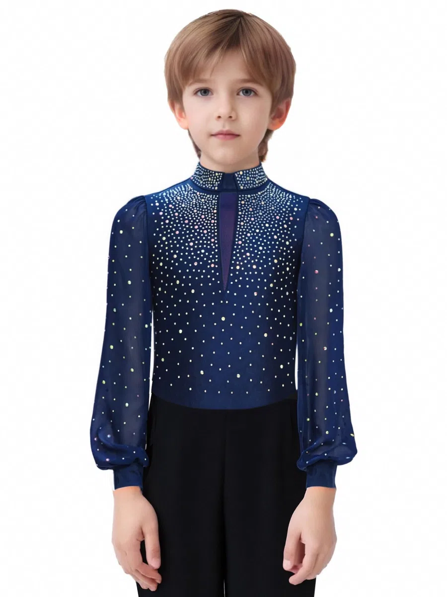 FEESHOW Jungen Turnanzug Langarm Glitzer Strass Latein Tanz Hemd Body Ballett Trikot Mit Stehkragen Kinder Ballsaal Modern Dancewear
