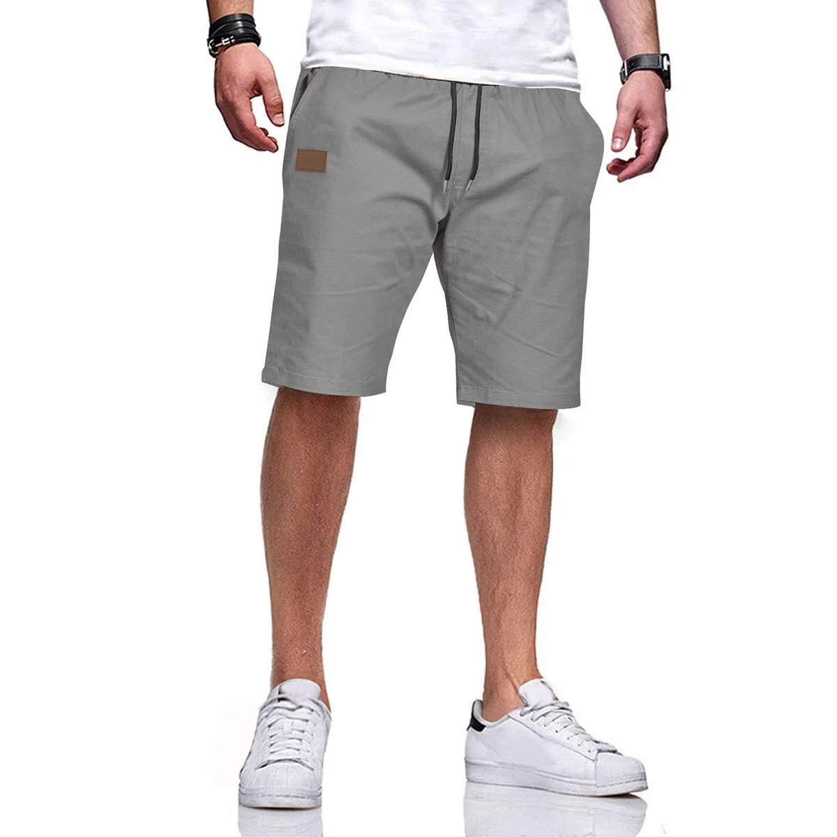 Ougelebo Kurze Hosen Herren Baumwolle Elastische Taille mit Tunnelzug